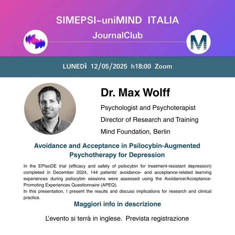 Locandina: Journal Club – Avoidance and Acceptance in Psilocybin-Augmented Psychotherapy